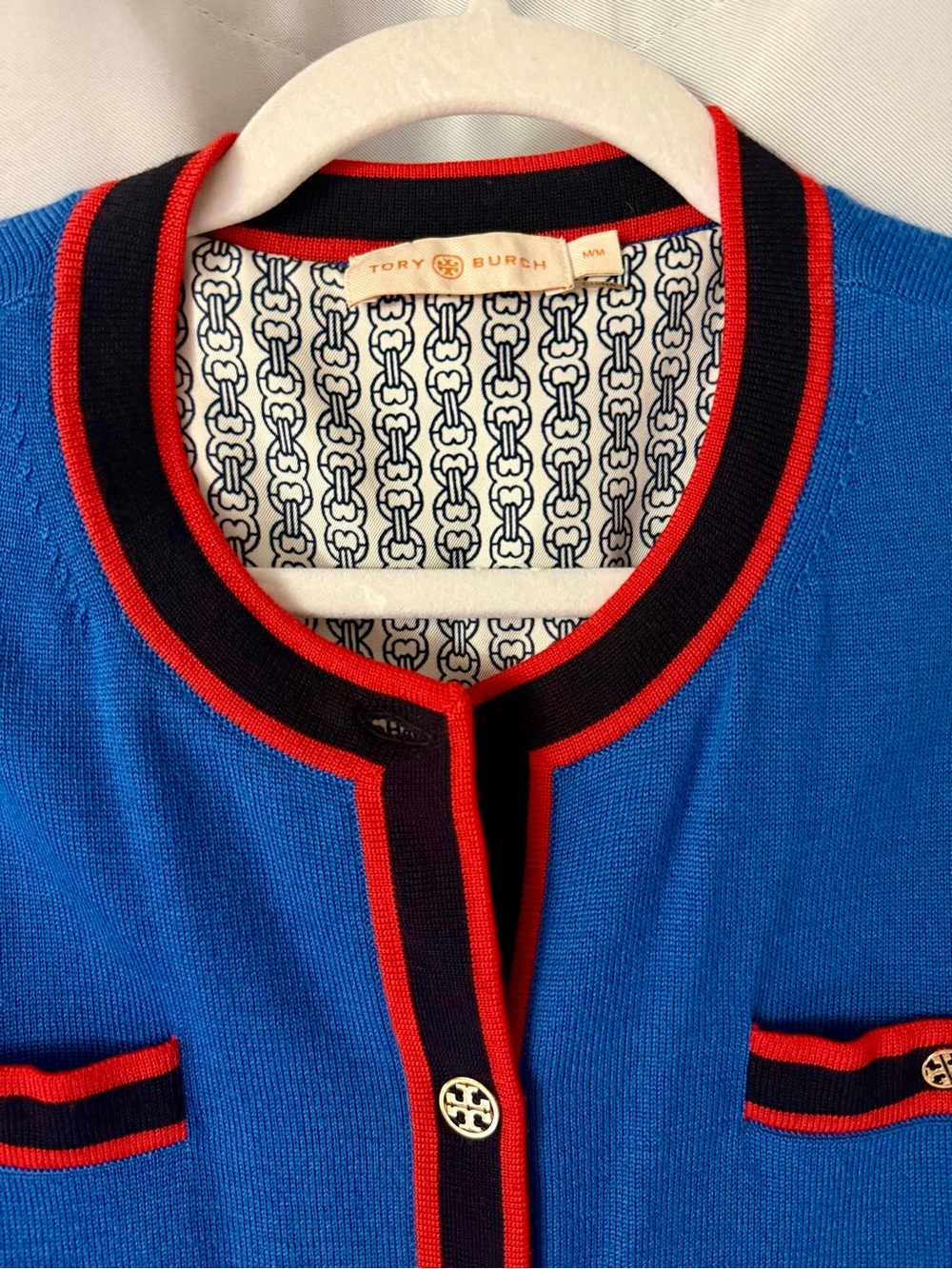 Tory Burch Royal Blue Cardigan with Red and Black Trim